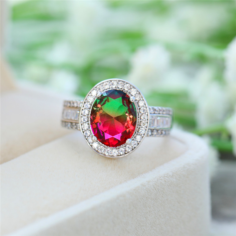 

Vintage Female Rainbow Crystal Stone Ring Classic Silver Color Engagement Ring Luxury Zircon Oval Big Wedding Rings For Women