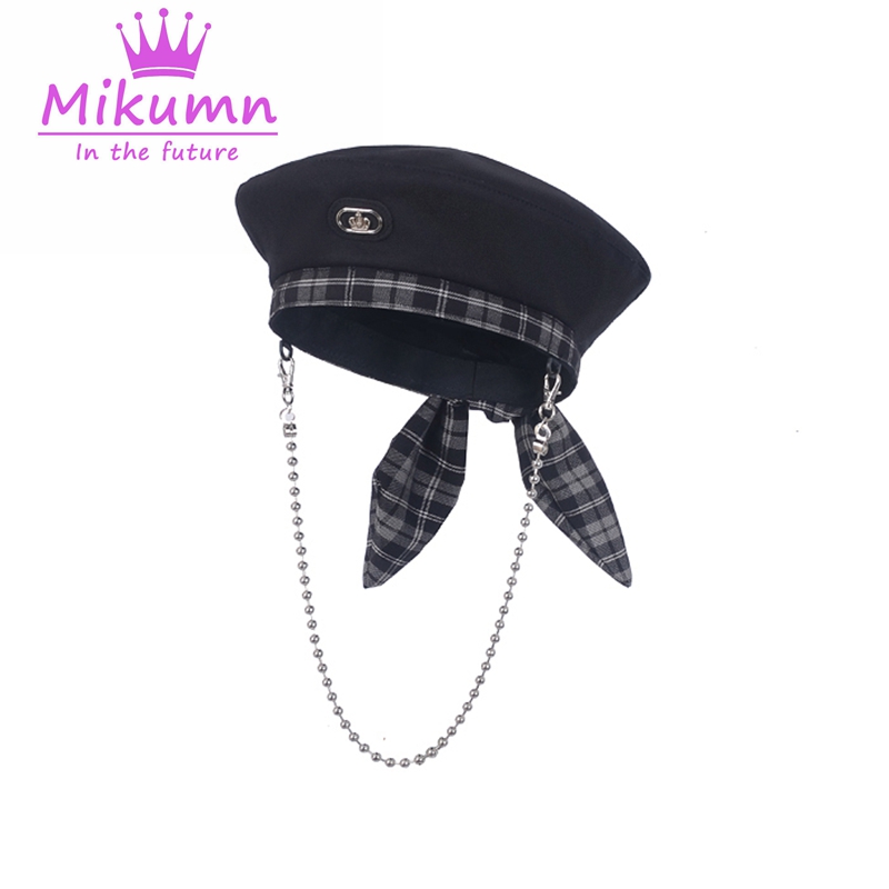 

Harajuku Bow Plaid Removable Chain Black Berets Hats Women Girls Streetwear, As pic
