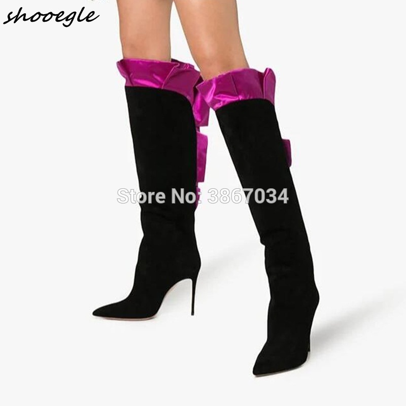 

SHOOEGLE Chaussure Femmes New Women Patchwork Knee High Boots Pleated Ruffles Edges Thin Heels Pointed Toe Tall Booties Lady, As pic