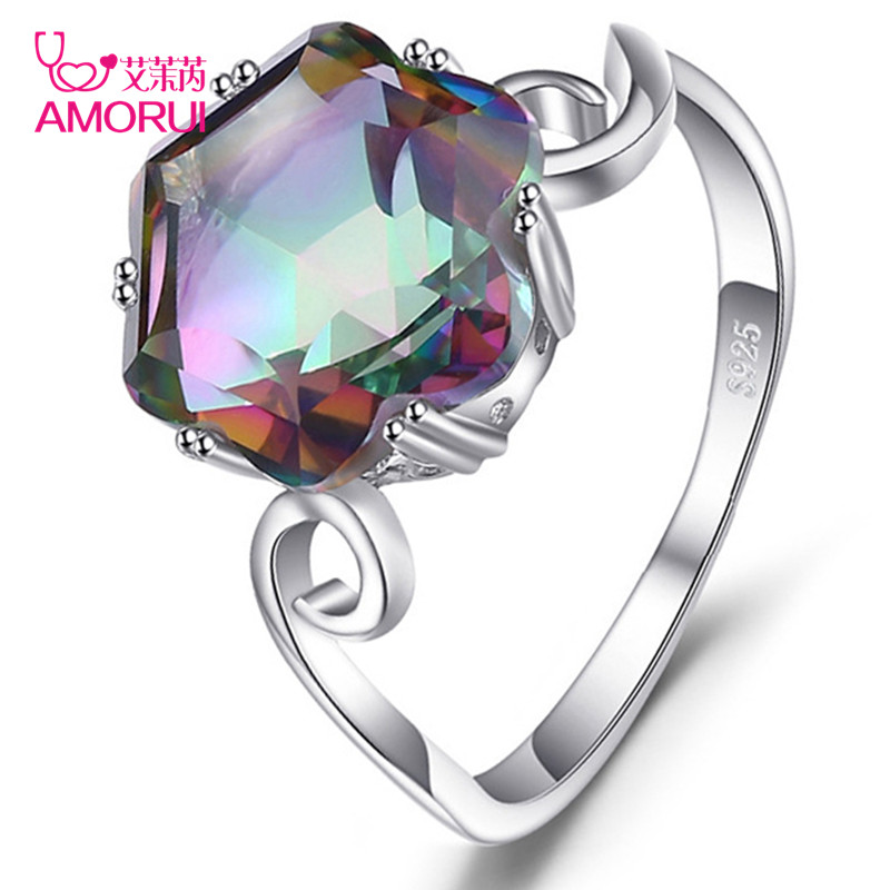 

AMORUI Fashion Rainbow Zircon Rings for Women Jewelry Gift Charm Austrian Crystal Wedding/ Engagement Ring Dropshipping