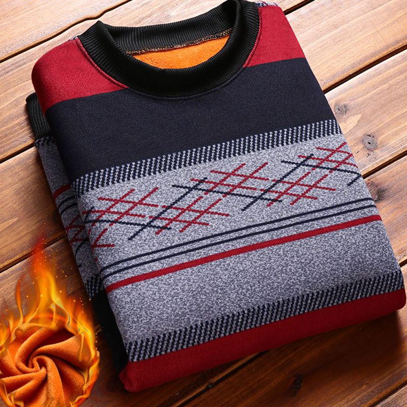 

2020 men's Plush long sleeve T-shirt warm sweater men's stripe round neck knitting bottoming shirt
