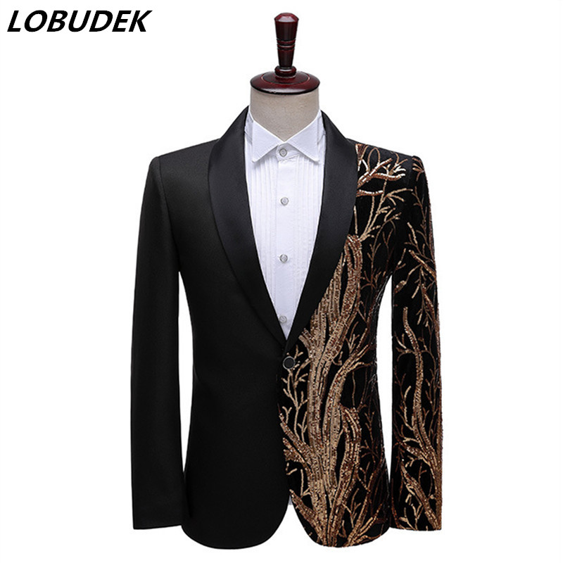 

New Shawl Lapel One Button Shiny Sequin Red Black Men's Blazer Stage Performance Male Singer Host Slim Fit Business Suit Jacket, Red b