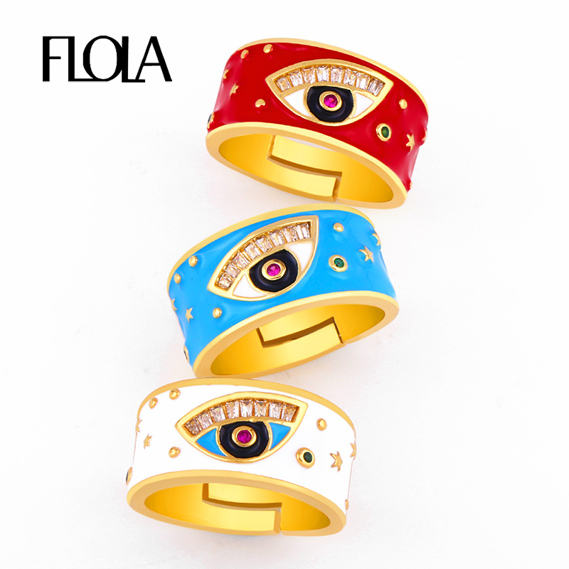 

FLOLA Gold Greek Eye Enamel Ring Open Statement Evil Eye Knuckle Ring for Woman Colorful Enamel Jewelry ojo turco anillos rigj10