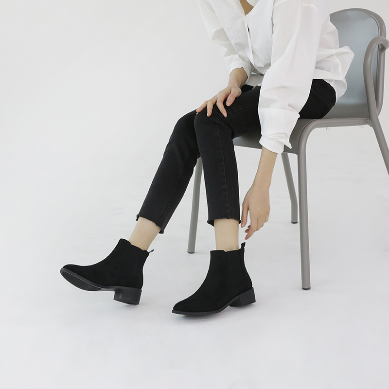 

Size 33-42 Round Toe Thick Heel Short Boots Women 2020 Winter Boots Shoes Leather / Suede Fashion Nude Black, Leather black 4cm