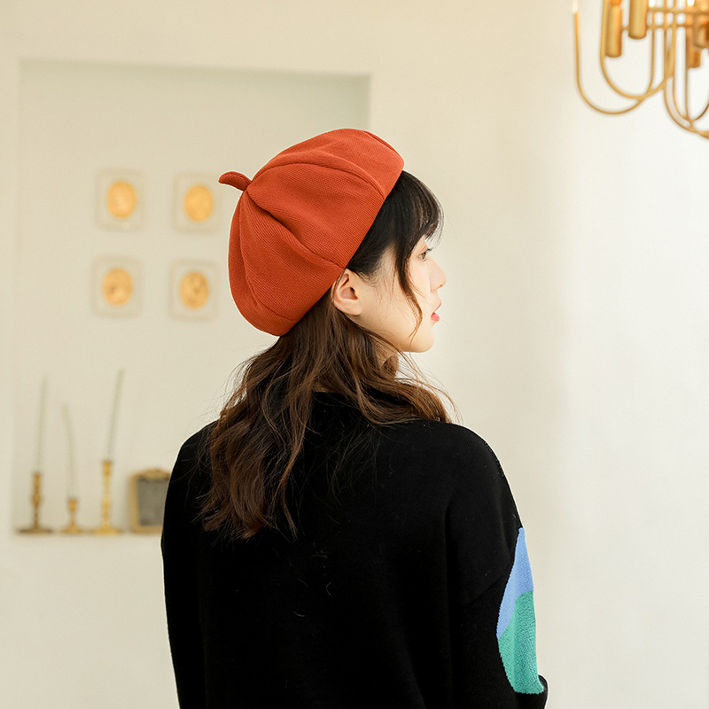 

Beret female autumn winter new wild solid color retro kpop hats for women student warm painter hat beanie Octagonal pumpkin hat, Black