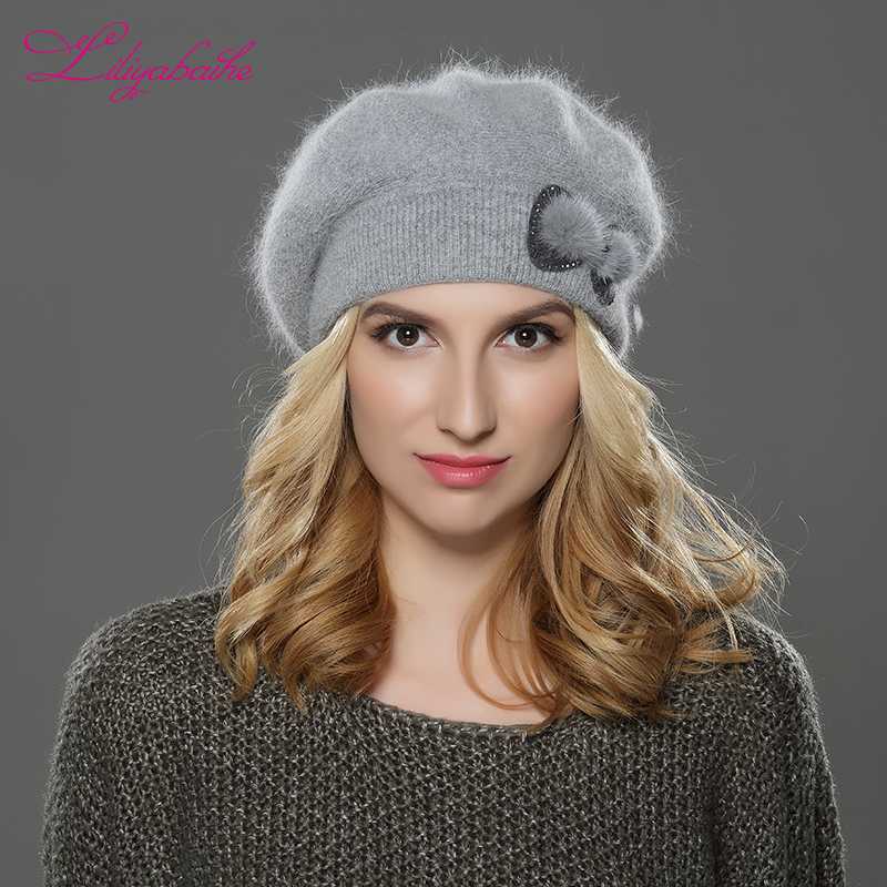 

LILIYABAIHE NEW winter Women beret hat knitted wool angora beret Simple and stylish mink flower decoration cap Double warm hat, C17