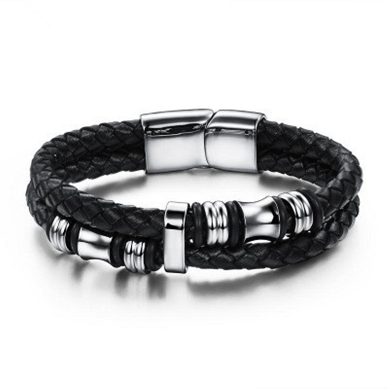 

Dropshipping Titanium steel hand-woven leather men's bracelet Punk Trendy Gothic Multi Layer Bracelets Bangle Gifts for Man