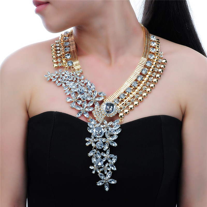 

Fashion Gold Chain Acrylic Resin Crystal Choker Statement Pendant Bib Necklace Collar Women Fashion Jewelry Big Necklace