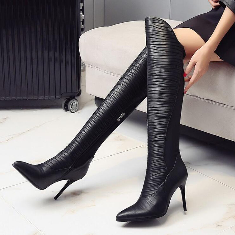 

33~43) Women's Genuine Leather Pointed Toe Comfortable Over The Knee Boots Woman 9cm High Heels Shoes Winter Female Boots Dxm-1, Black