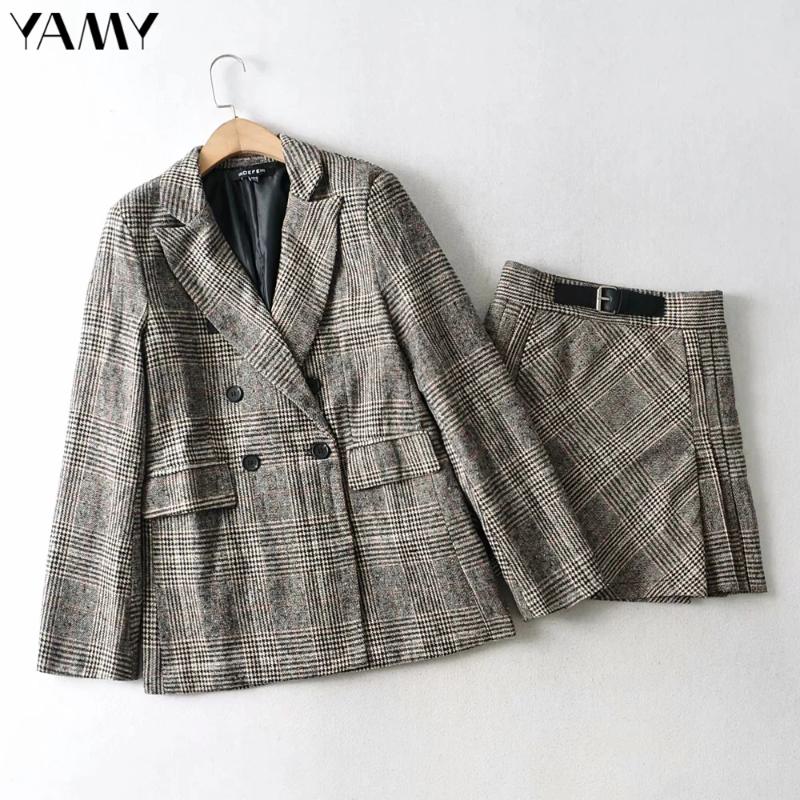 

Women Blazer Suits Vintage Plaid Long Sleeve Pocket Office Lady Jacket Blazer Coat Korean Mini Skirt Female Autumn 2 Pieces Sets