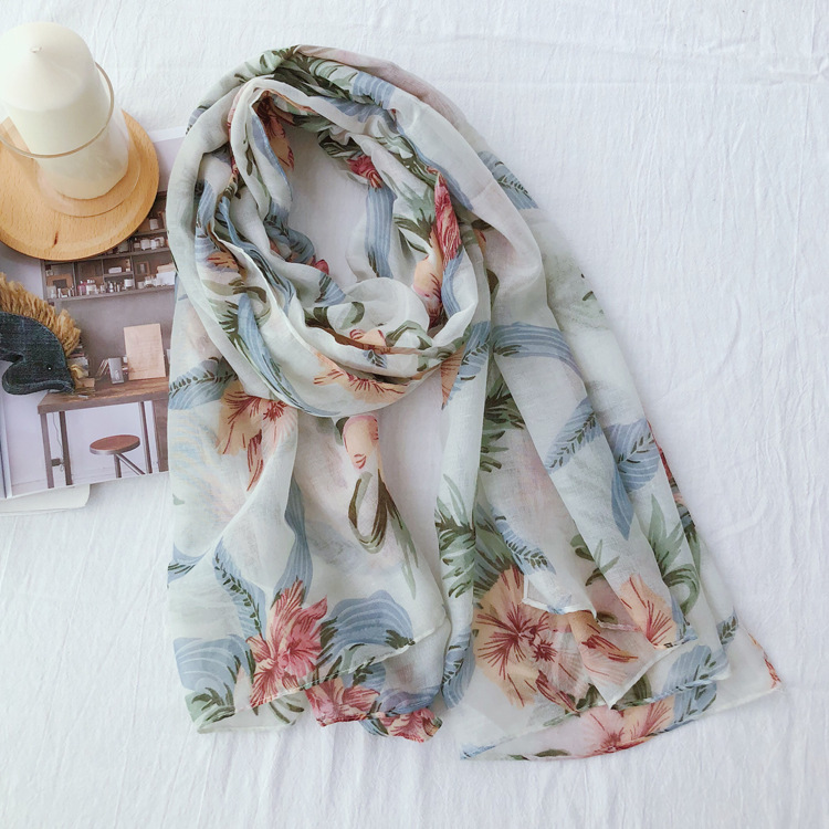

Summer Silk Scarf Fresh Cotton Linen Female Spring Flowers Leaves Towel Thin Ladies Shawl Women Breathable Retro
