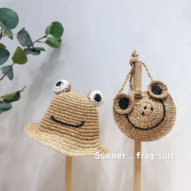 

K74 2020 Spring And Summer Kids Straw Hat Cartoon Cute Straw Caps New Children Hat Frog Bag Suit, K74-bag-green