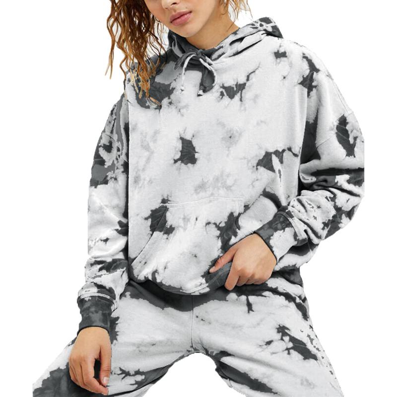 

Women Sportwear Suit Loose Hoodie Tops And Long Pant 2 Pc Set Tie-dye Printed Winter Home Fitness Running Clothes Set Se6, Blue
