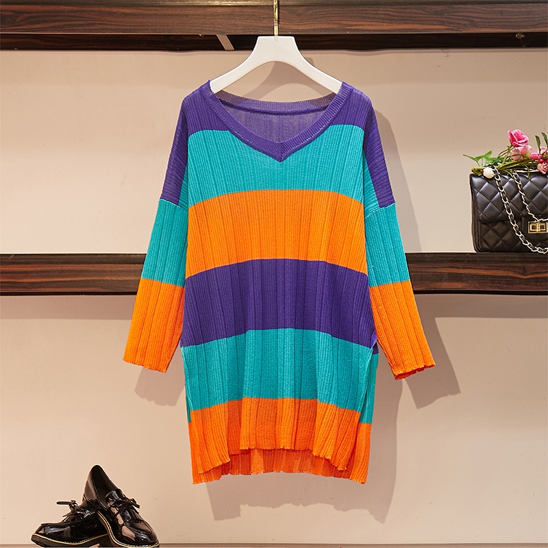 

Plus Size 4XL Rainbow Knitwear Autumn Runway Women Striped Sweater Pull Femme V-Neck Pullovers Tops Long Sleeve Knitting Sweater, Picture color