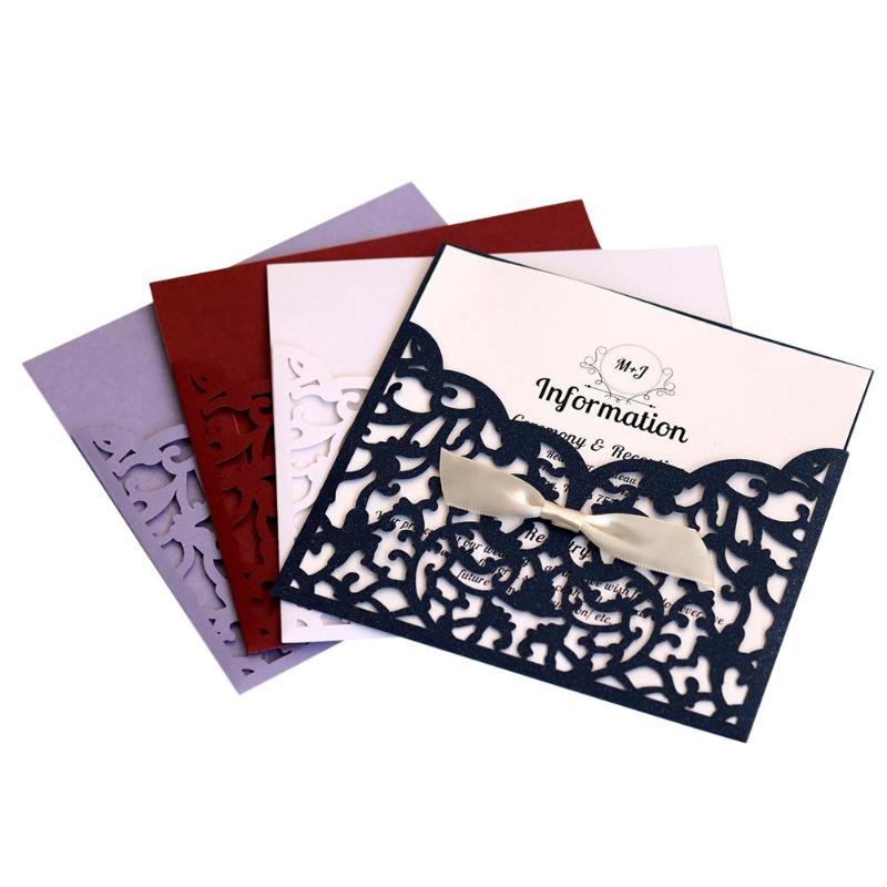 

10PCS European style Laser Cut Flower with Bowknot Wedding Invitations Cards Lace Pocket Greeting Card Wedding Party Supplies