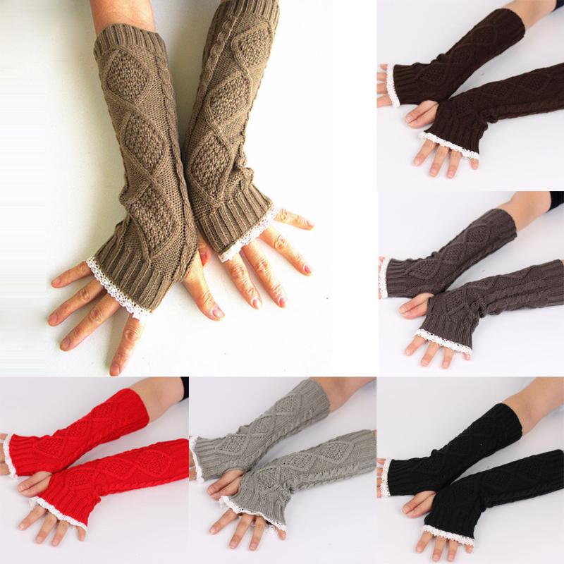 

Women's Winter Gloves Knit Long Buttons Openwork Leaf Lace Warm Bracers Fingerless Gloves 9.3