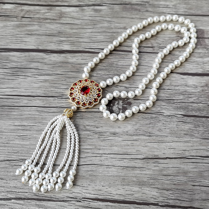 

Chains 1Pcs Design Red Zircon Charm Jewelry CZ Micro Pave Round Pendant,Natural Shell Pearl Beads Tassel Women Necklace 531