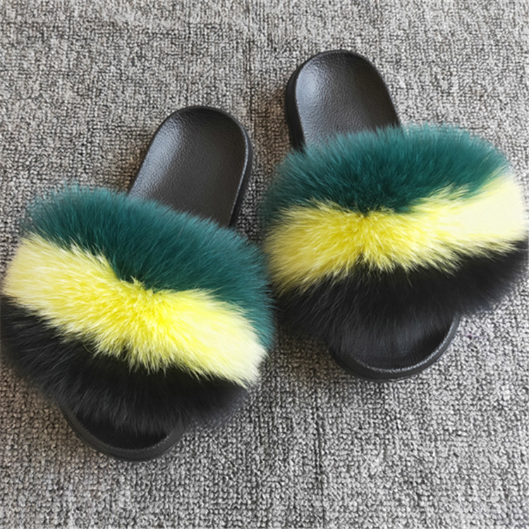 

New Real Fur New Colorful Slippers Women Fur Home Fluffy Sliders Plush Furry Summer Flats Cut Ladies Shoes Large Hot Selling, False hair