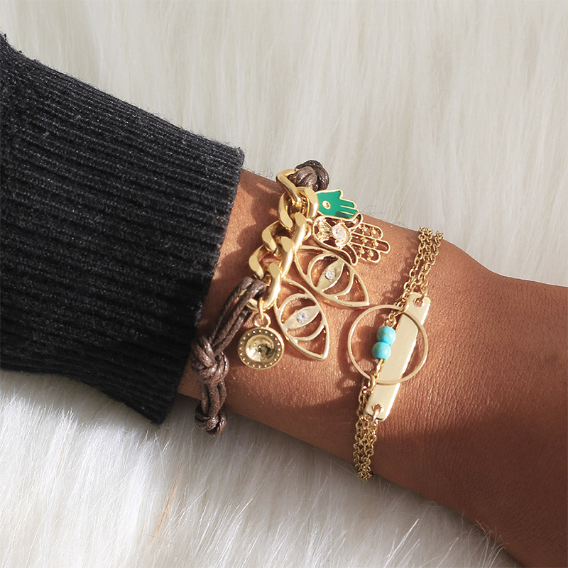 

2020 New Trendy Palm Eye Leather Bracelet Female Jewelry Adjustable Gold Chain Link Wrap Bracelet for Women Men Vinatge Jewelry