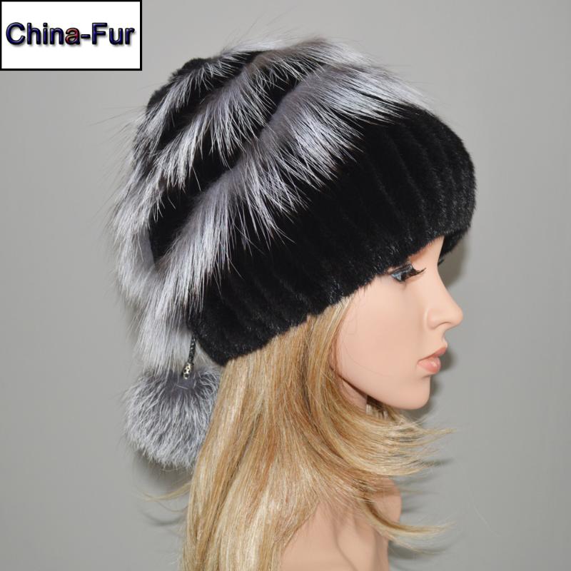 

2020 New Natural Hat Women Winter Warm Knitted 100% Real Sliver Fur Cap Quality Lady Real Beanies Hats, Black