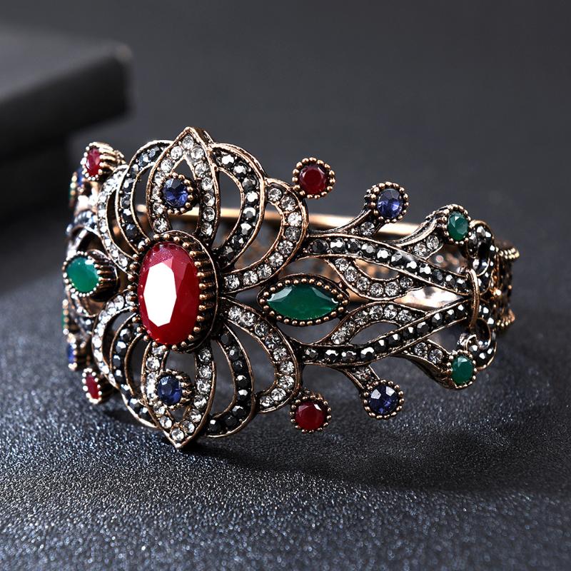 

Vintage Openwork Carving Cuff Bracelets & Bangles for Women Blue Red Crystal Ethnic Style Big Wide Statement Retro Jewellry