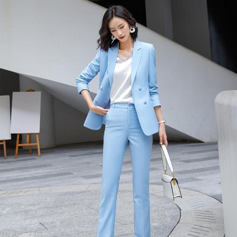 

2020 fall autumn winter new arrival pant suit women casual Pink dark blue 2 piece set loose double breasted blazer and pant, Dark blue suit