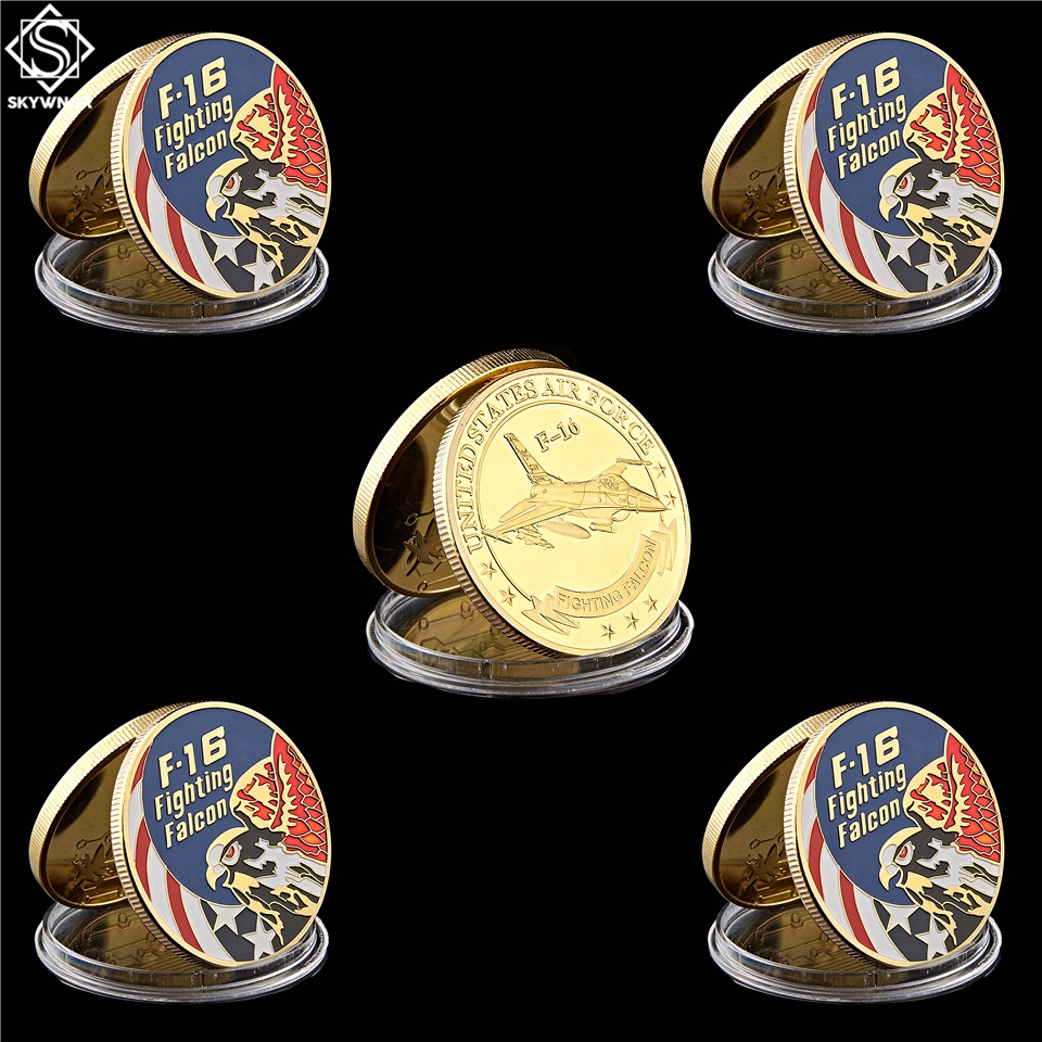 5pcs American F-16 Fighting Falcon Metal Military Coin Craft USA Eagle 1oz Gold Plated Air Force Challenge Badge Medal-image-587693663