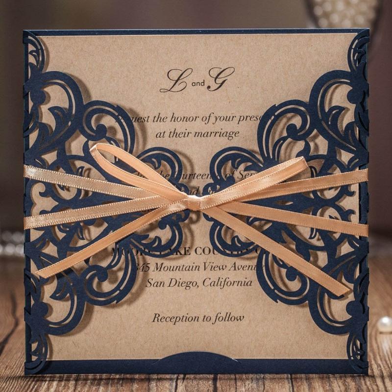 

Laser Cut Wedding Invitations Card With Ribbon Navy Blue Lace Flower for Marriage Birthday Party,Customizable 50pcs/lot CW6175B