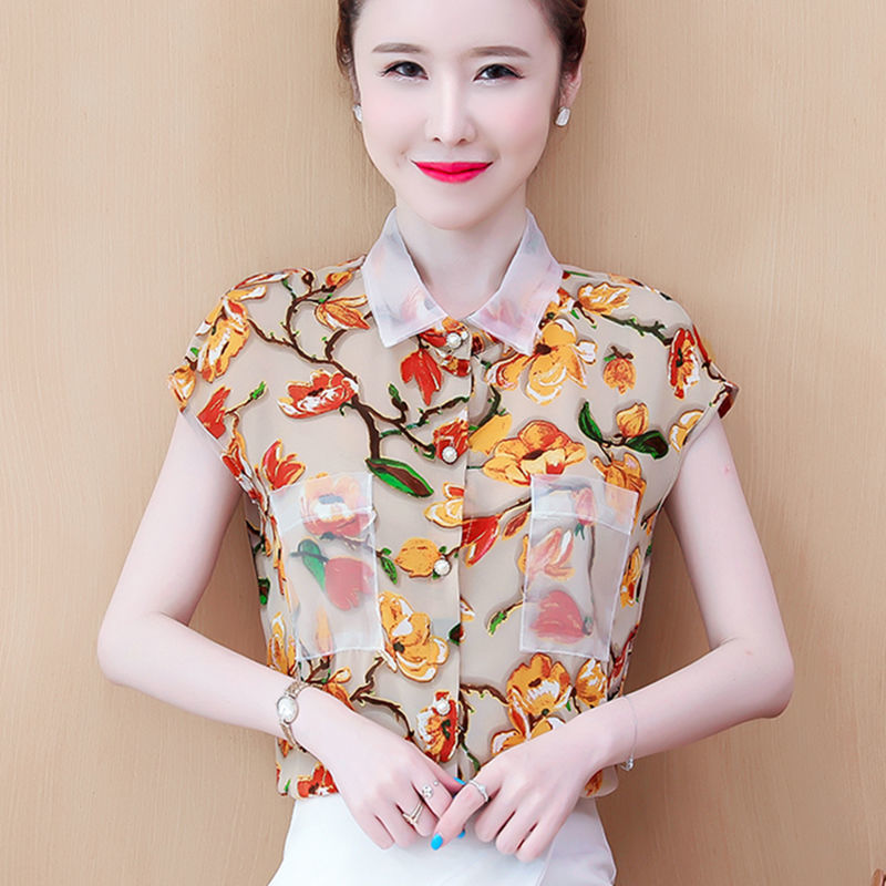 

Women' Spring Summer Style Chiffon Blouses Shirts Women' Short Sleeve Button Printed Patchwork Korean Tops SP527