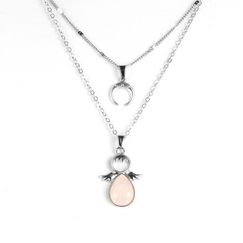 

Women Natural Stone Angel Pink Crystal Pendant Necklace Double Layers Moon Charm Tiger Eye Choker Clavicle Chain Jewelry