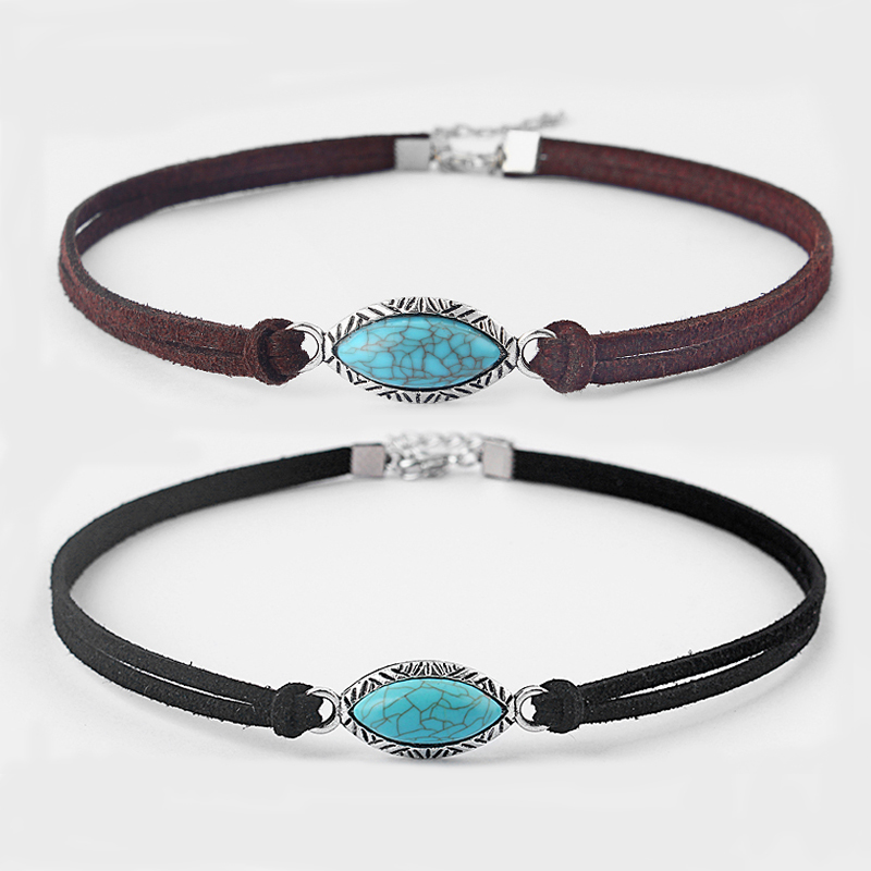 

1PCS Blue Stone Horse Eye Crackle Stone & Faux Korean Suede Leather Cord Adjustable Choker Necklace