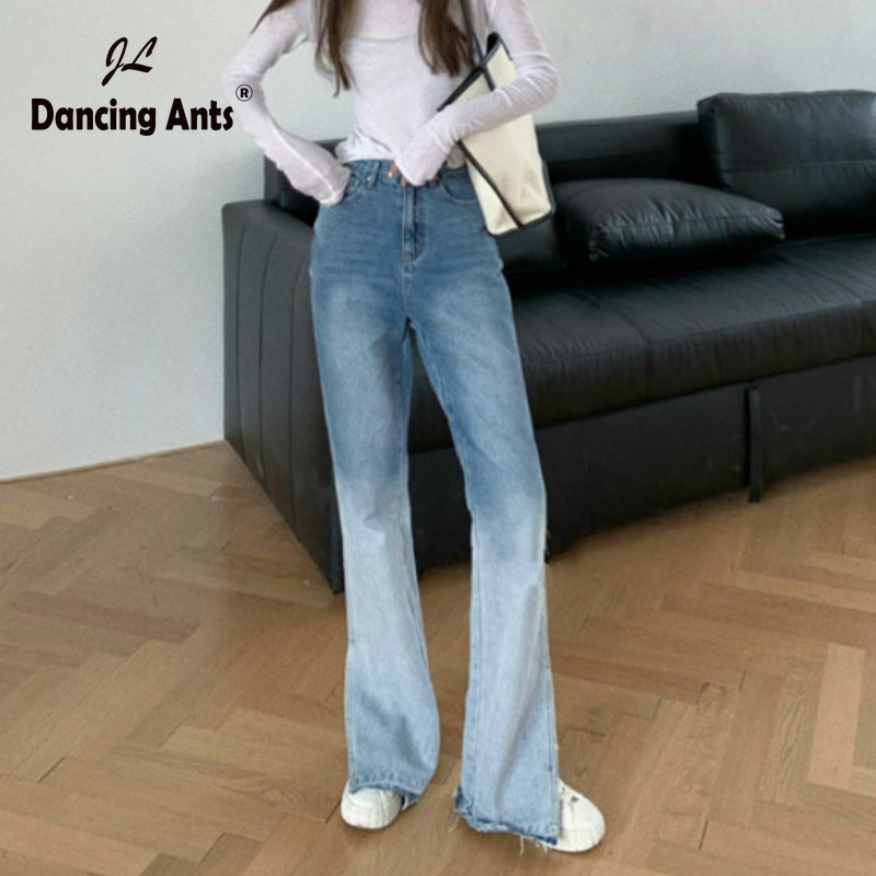 

Women Straight Gradients Jeans High Waist Side Slit Wide Leg Denim Pants New Female Full Length Trousers, Blue