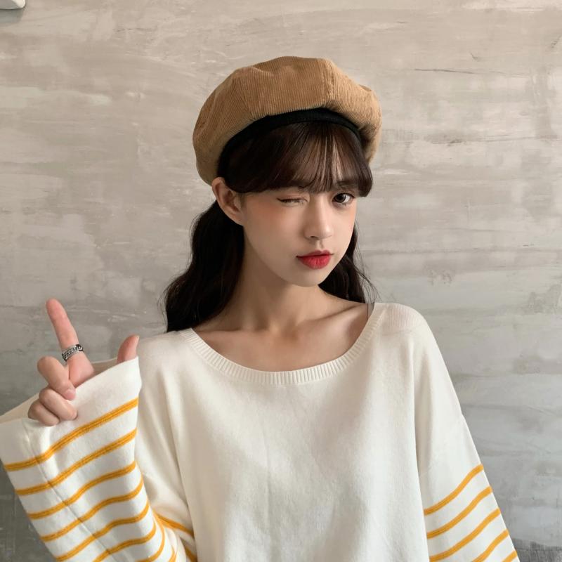 

EWQ] Ladie Casual Art Beret Autumn And Winter Fashion Corduroy Painter Hat Korean Version Of Wild Octagonal Hat ZT539, Black