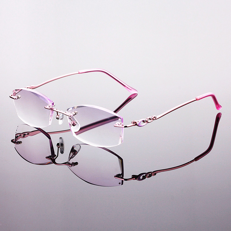 

2020 New Design Fashion Woman's Rhinestone Rimless Reading Glasses Frame Pink Colour Women Style Presbyopia Glasses for Woman