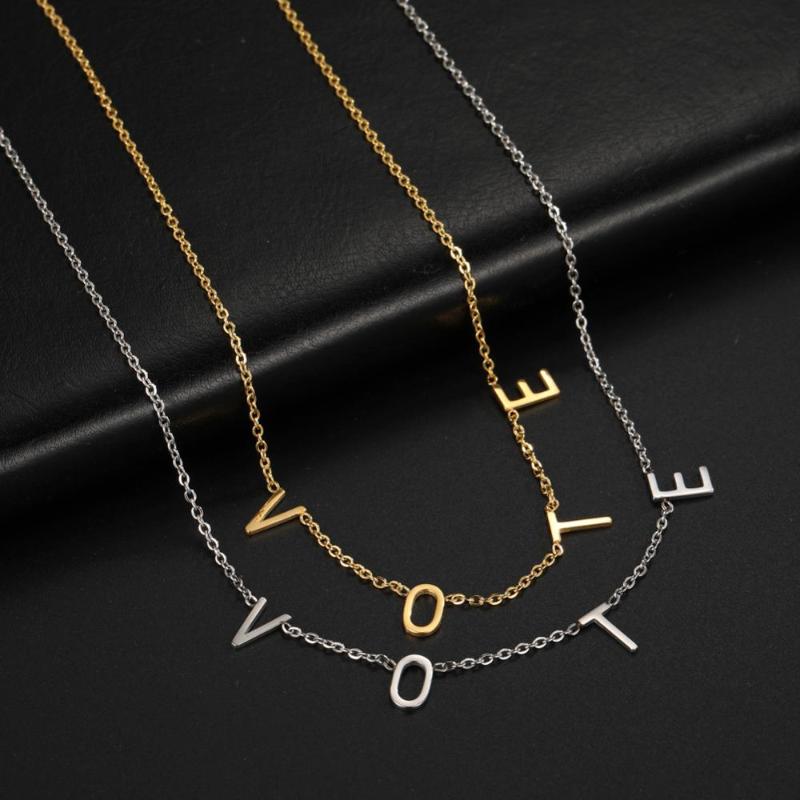 

Skyrim Women VOTE Necklace Stainless Steel Gold Color Letter Choker Necklaces Jewelry First Lady of America Michelle Obama Wears