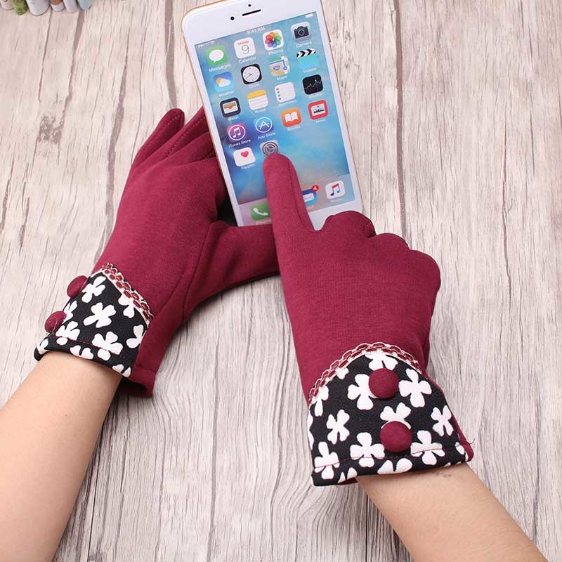 

C New Gloves Female Full Finger Windproof Driving Gloves Winter Mittens Warm Flowers Luvas Patchwork Screen Sense Ladies