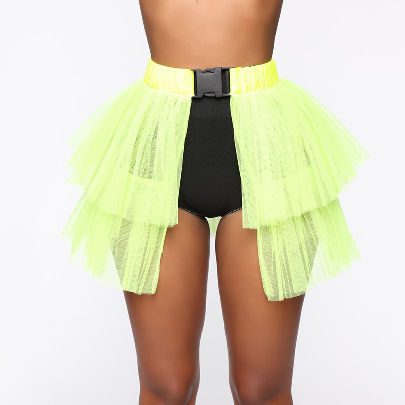 

Mesh Pleated Patchwork Mini Skirt Women Solid Buckle Strap Bubble Skirt Fashion Night Party Clothes See Through For Lady, Black