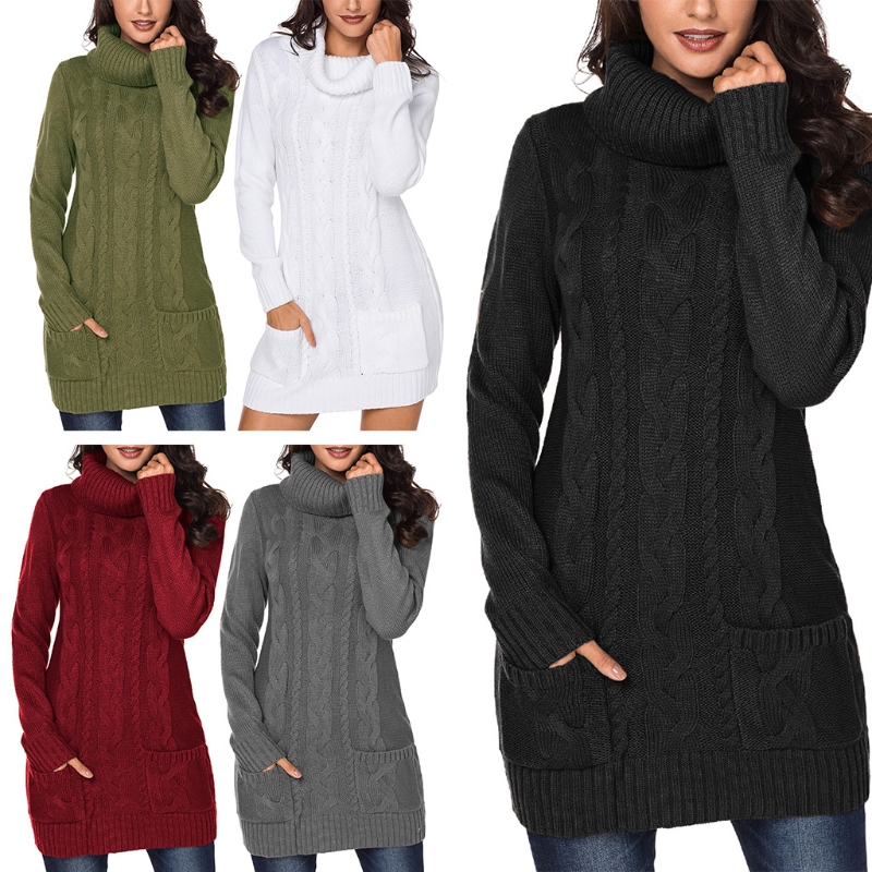 

Women Long Sleeve Cowl Neck Bodycon Midi Sweatr Dress Cable Knit Pullover Tops 517F, Black