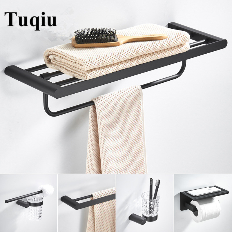 

Bathroom Accessory Set Towel Rack Corner Shelf Paper Holder Toilet Brush Holder Black 304 Stainless Steel Bathroom Hardware set