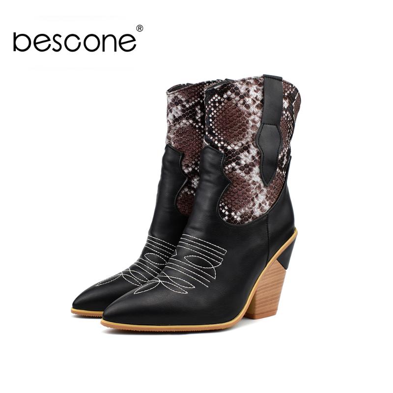 

BESCONE Fashion Ladies Ankle Boots Winter Warm Handmade Mixed Colors Square Heel Shoes New Basic Snake Pattern Women Boots BM212, Brown