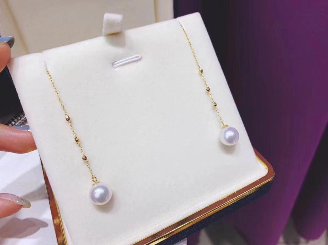 

D614 Pearl Earrings Fine Jewelry Solid 18K Gold Round 8-9mm Nature Fresh Water White Pearls Drop Dangle Earrings for Women