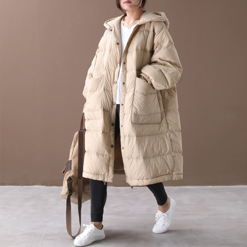 

Loose Down Coat Long Parka Women 2020 New Korean Large Size Cloak Lantern Sleeves Hooded White Duck Down Jacket Female NS1645, Black