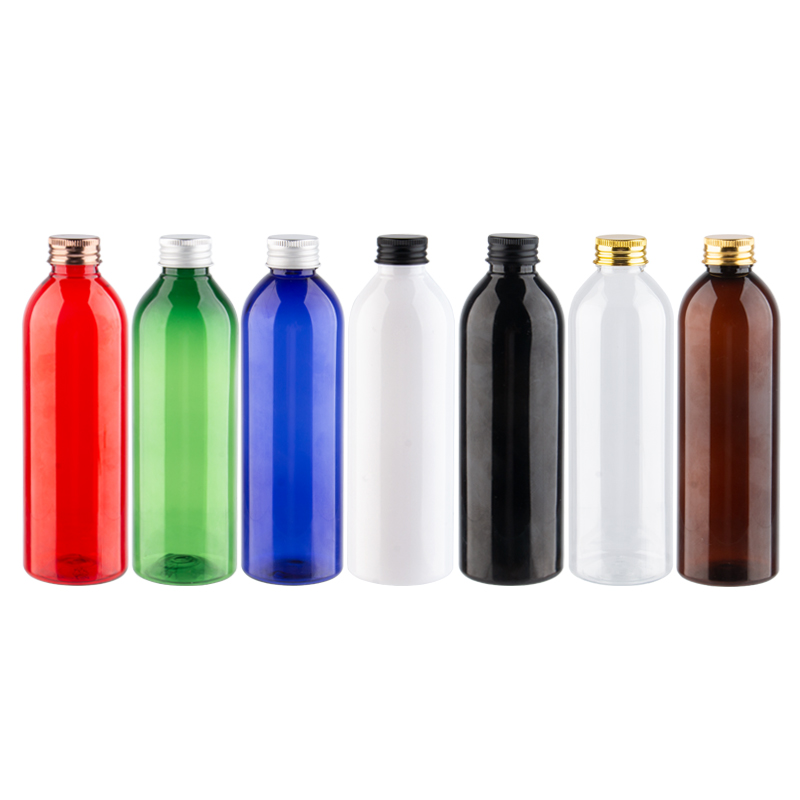 

Refillable Cosmetic Bottles With Gold Black Bronze Silver Aluminium Cap 250ml Plastic PET Screw Cap Containers For Shampoo 250cc