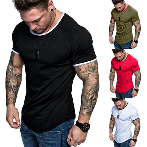

Male designer fake two-piece arc hem T-shirt, casual fitness street cotton top, hip-hop lengthened cotton T-shirt, White;black