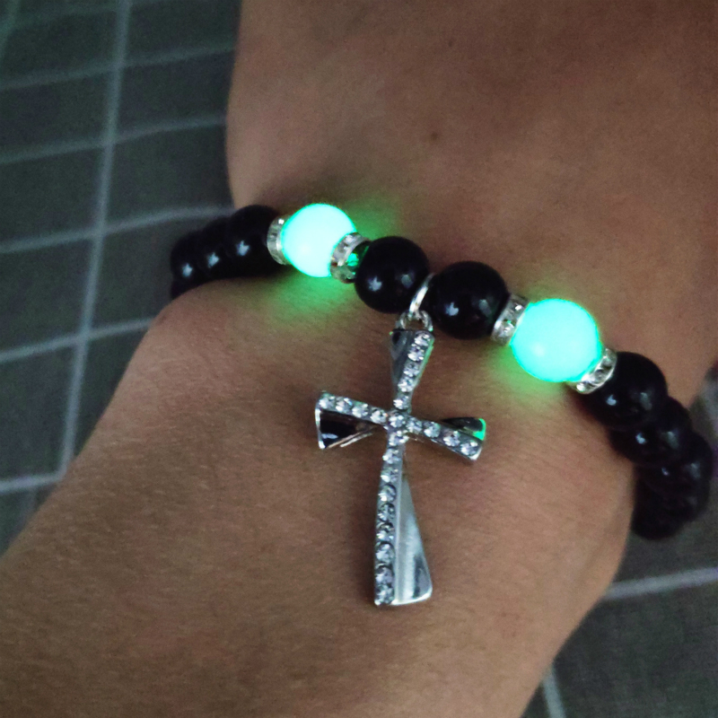

Classic Cross Luminous Bead Women Charm Bracelet Fashion BlacK Fluorescence Bracelet Jewelry foe Men Luminous Bracelets