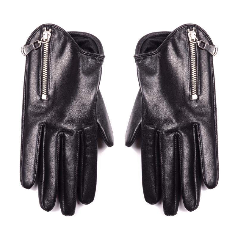 

2020 New Women's Ladies genuine Leather Zipper Goat Skin Punk&Rock Wrist Touch Screen Short Gloves