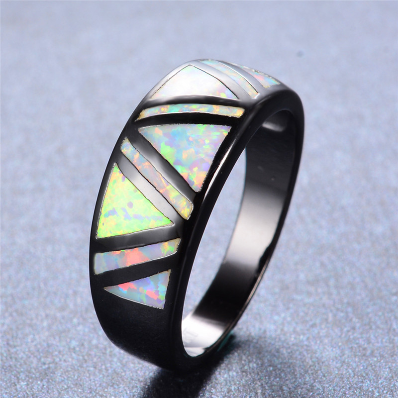 

Boho Female Blue White Fire Opal Ring Vintage 14KT Black Gold Wedding Rings For Women Promise Love Geometric Engagement Ring