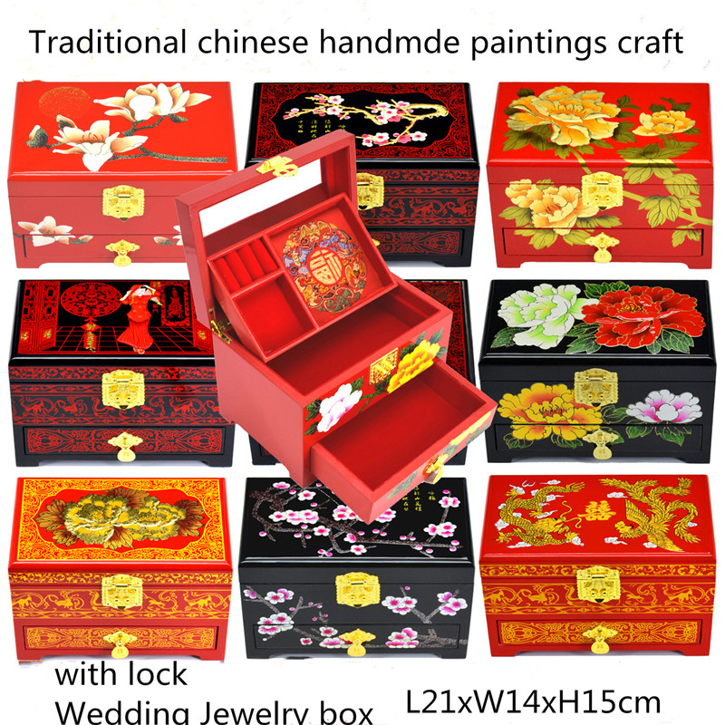 Lacquerware Chinese Wooden Box with lock Decoration Storage 3 layer Wedding Gift Jewelry Box Drawer Pull Makeup Watch Case-image-586142253