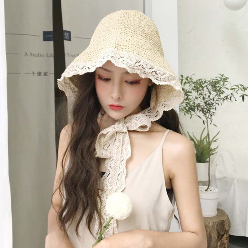 

MAERSHEI Summer Hats For Women Straw Sun Hat Lady Girls Lace Ribbon Bow Panma Beach Hat Floppy Female Travel Folding Chapeu, Beige
