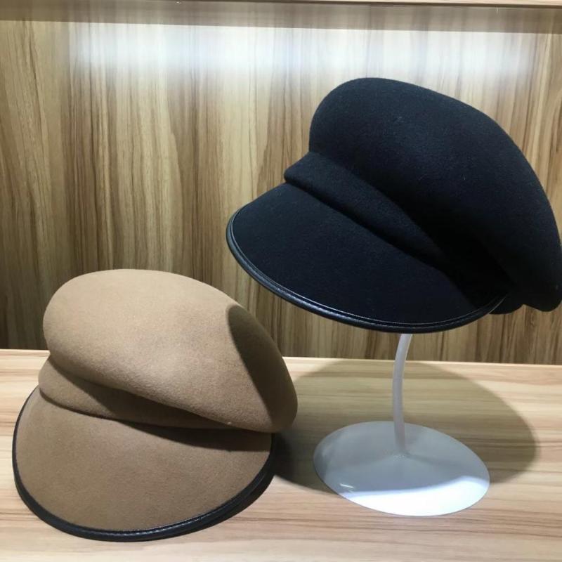 

202009-YY new winter wool solid fold leisure lady Octagonal hat men women visors cap, Black